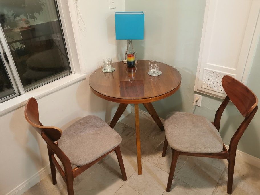 West Elm: 30" Round Tripod Table + Glass Table Top + 2 Classic Café Dining Chairs