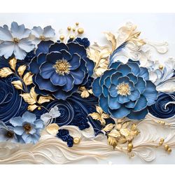 Blue Gold Flower Glass Wall Art 60"x45"