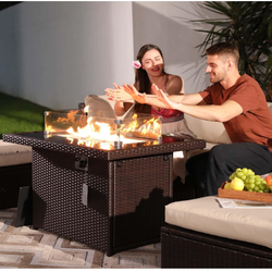 5 Piece Outdoor Patio Furniture Set with Fire Pit Table, 29.3" High-Back Deep Wide Modular 4-Seats Patio Sectional Sets with Propane/Natural Gas Firep