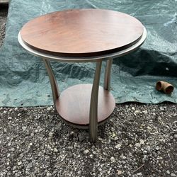 Round End Table Wood Metal Brown Silver