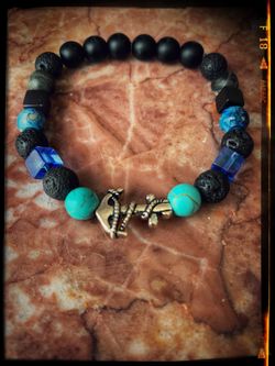MEN’S BLACK ONYX & LAVA, TURQUOISE STONES WITH ANCHOR METAL BRACELET