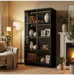 Black Wood Storage Cabinet Display Cabinet With Tempered Glass Doors, 3-Color LED Lights and Aluminum Framed