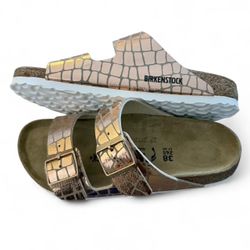 Birkenstock Gold and Tan Sandals with Croc Texture