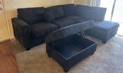 Dark Gray Corduroy Sectional Sofa with Storage Ottoman