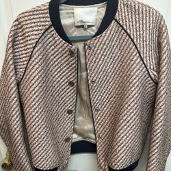 3.1 Philip Lim Pink Tweed Bomber Jacket Size 2 Black Knit Wristband And Bottom Snaps Down Front & Inside Pockets Great Condition 