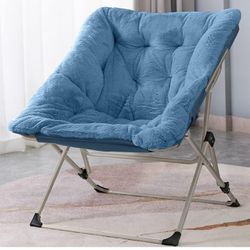 OAKHAM Comfy Saucer Chair, Folding Faux Fur Lounge Chair for Bedroom and Living Room, Flexible Seating for Kids Teens Adults, X-Large (Faux Fur-Blue)