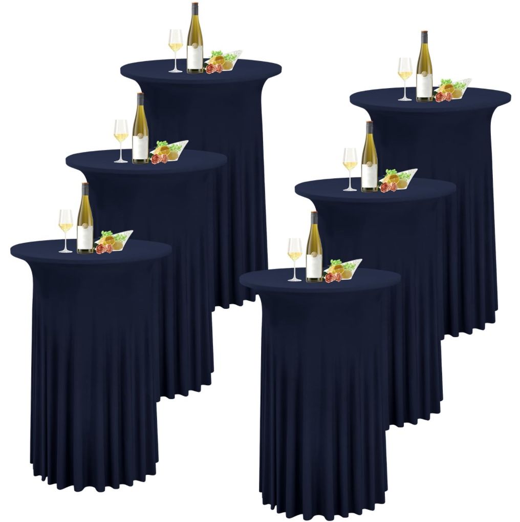 REWOMC 6 Packs Round Cocktail Table Skirt 32"X 43" Spandex Stretch Cocktail Tablecloth With Wavy Drapes, Navy Blue Spandex Fitted