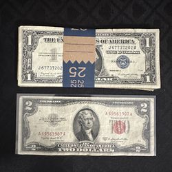 25 Silver certificates And A $2 Red Seal