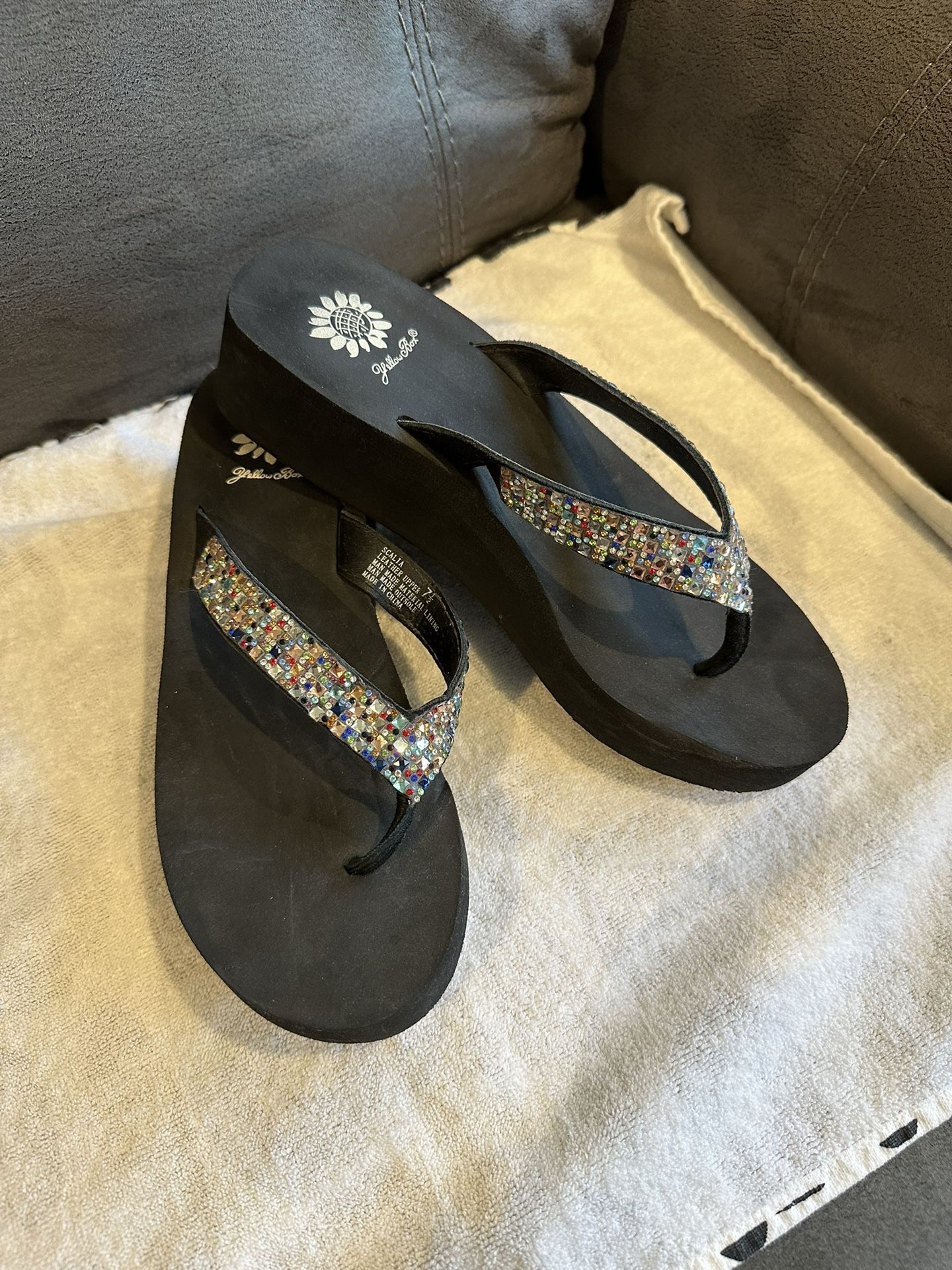 Yellow Box Rhinestone Wedge Flip Flop Sandals 