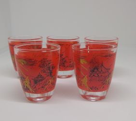 Lot Of 5 Oriental Inspired Shot Glasses