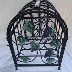 Vintage 9-bottle Tabletop Wine Rack Domed Black Metal Cage Ivy Leaves and Purple Grapes