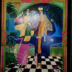 Vintage Anne Lee Colorful Mixed Media Embelished Print  "Ode To Arte I " 23.5"×29"