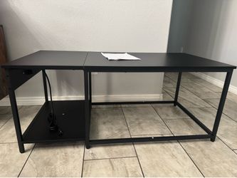 Black wood top with metal legs, power outlet table (48"W x 24"D x 20"H)