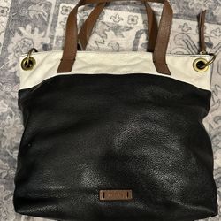 Fossil Leather Tote Bag Purse Black Brown White no crossbody strap