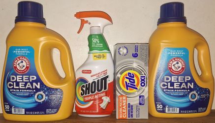 Laundry Bundle- 2 Arm Hammer Deep Clean Laundry Detergent, 1 Tide Washing Machine Cleaner, 1 Shout  Stain Remover