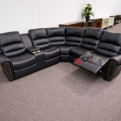 Black Bonded Leather Reclining Sectional Sofa 