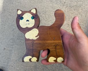 Vintage Hand Painted Wooden Cat Figurine - Rustic Folk Art Magnet / Decor