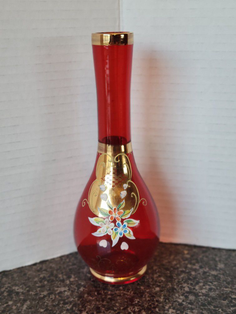 Vintage Japan Emerald Red Bud Vase 8”Gold Gilding Hand Painted Flowers Moriage