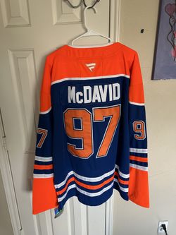 NHL Edmonton Oilers Connor McDavid blue & orange jersey with white stripes, size 2xl
