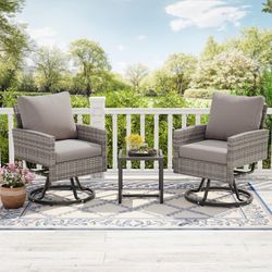 3 Piece Patio Furniture Set, Outdoor Swivel Chair and Table, Wicker Patio Chairs Set of 2 with Side Table for Porch Garden Lawn Balcony Backyard (Gray