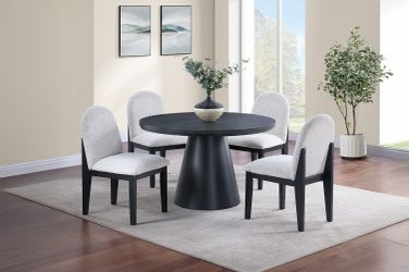 48”Dia Round Pedestal Dining set in Black, Black Kitchen Furniture, 5 pcs dining room set, Modern Eatery for  4, unique design dining table and chairs