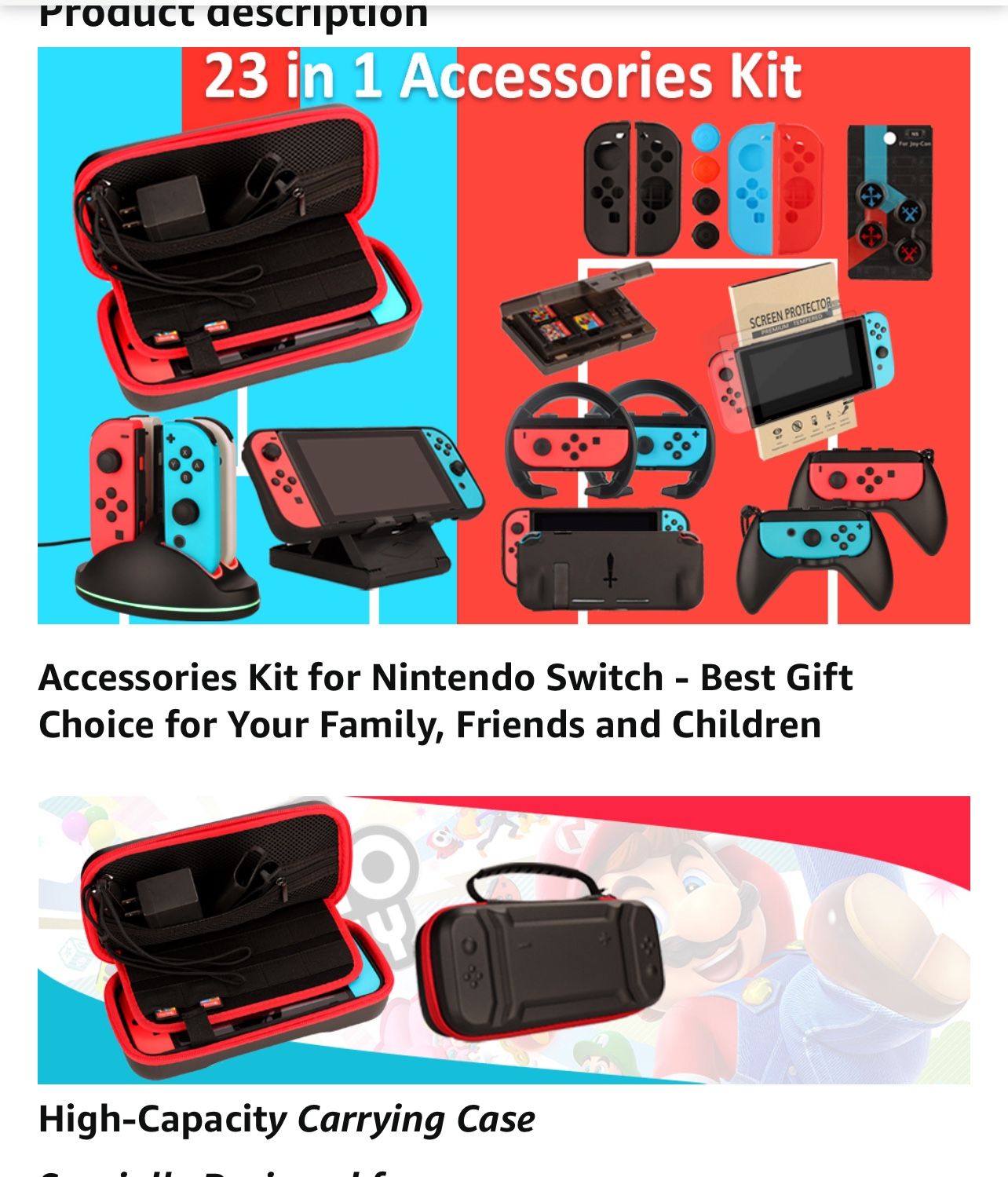 Switch Accessories Bunate for Nintendo switch: Carrying Lase, Screen Protector, Joycon Grips, Steering Wheels, Charging Dock, Playstand, Comfort Joy-C