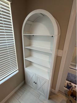 White Arched Bookcase with Barn Door Cabinet NEW