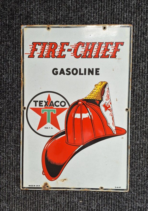 1947 Texaco Fire Chief Porcelain Pump Plate 12x18"