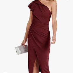 Caracilia Women's One Shoulder Sleeveless Dress [NEW] Elegant Bodycon Ruched Slit Split Midi Party Dresses - Small Size (S=US(4-6) ) (Wine Red)