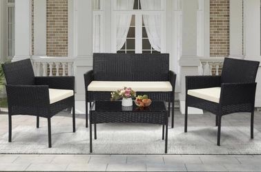 NEW 4-Piece Black Rattan Patio Conversation Set w/ Cushions – Sealed Box