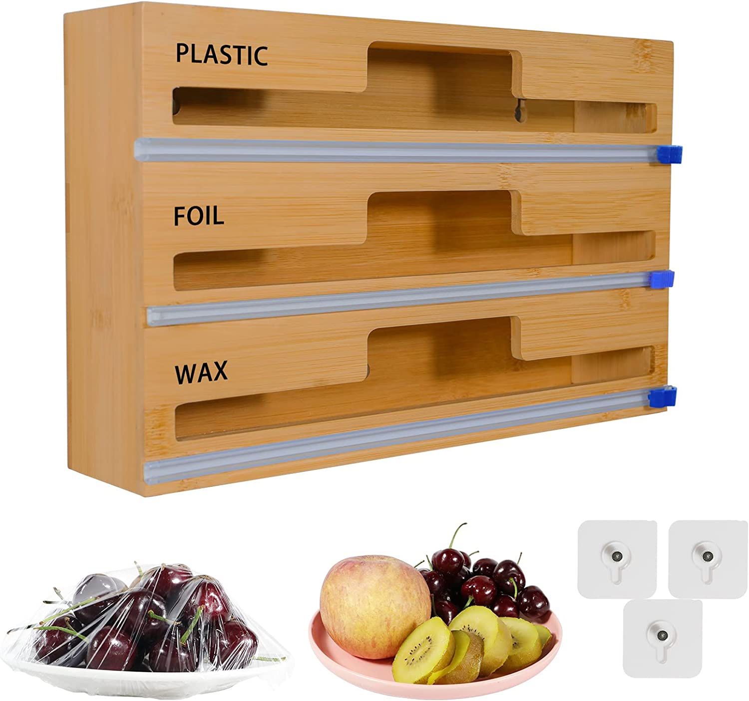 3 in 1 Bamboo Wrap Dispenser with Slide Cutter,Plastic Wrap,Aluminum Foil,Wax Paper Roll Organizer for Kitchen Drawers with 3 Nail Free Hook,Hangable