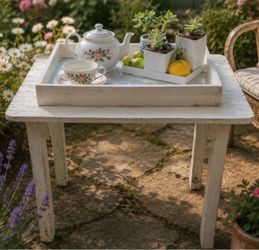 STURDY Indoor Outdoor Garden Tea Coffee End Side Table Original Vintage Distressed Egg White Chippy Paint Shabby Chic Art Artisan Whimsy HILLCREST