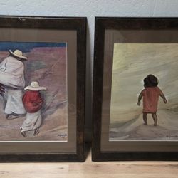 Lot (2) Vtg David Alfaro Siqueiros Framed Art Prints - Caminantes & Boy in Red Mexican 27x21"
