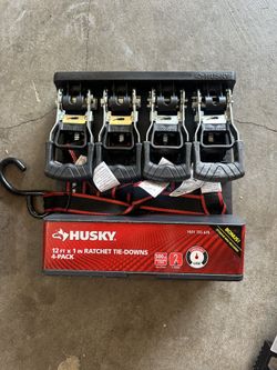 Brand New Husky Tools Ratchet Tie-Down Straps, 1-Inch, 500 lb Working Load, 4-Pack with Storage Bag, Black and Red