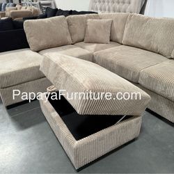 105”L Reversible chaise couch. New! Camel Plush Sectional And Storage Ottoman, Sectional Couch, Sofa, Reversible Sectional, Couch, Brown Sectional, Re