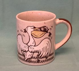 Vintage 1970s pelican mug coffee cup gray brown speckle with birds eating fish
