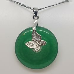 Green Jade Butterfly Silver Necklace 