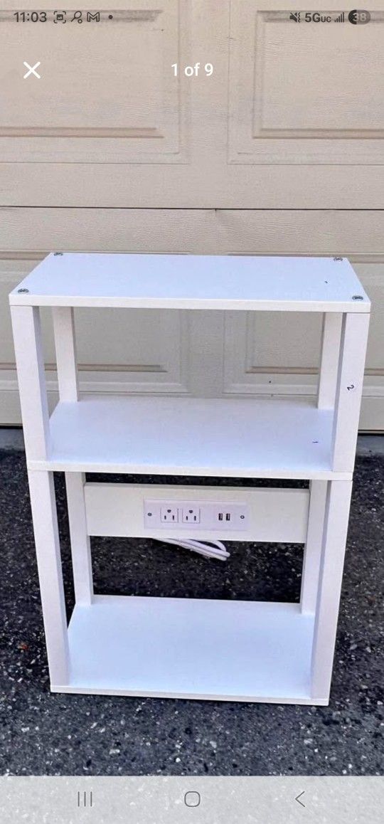 3-Tier Small Narrow Wood Side Table with Charging Station, Skinny Nightstand for Small Space, Slim B