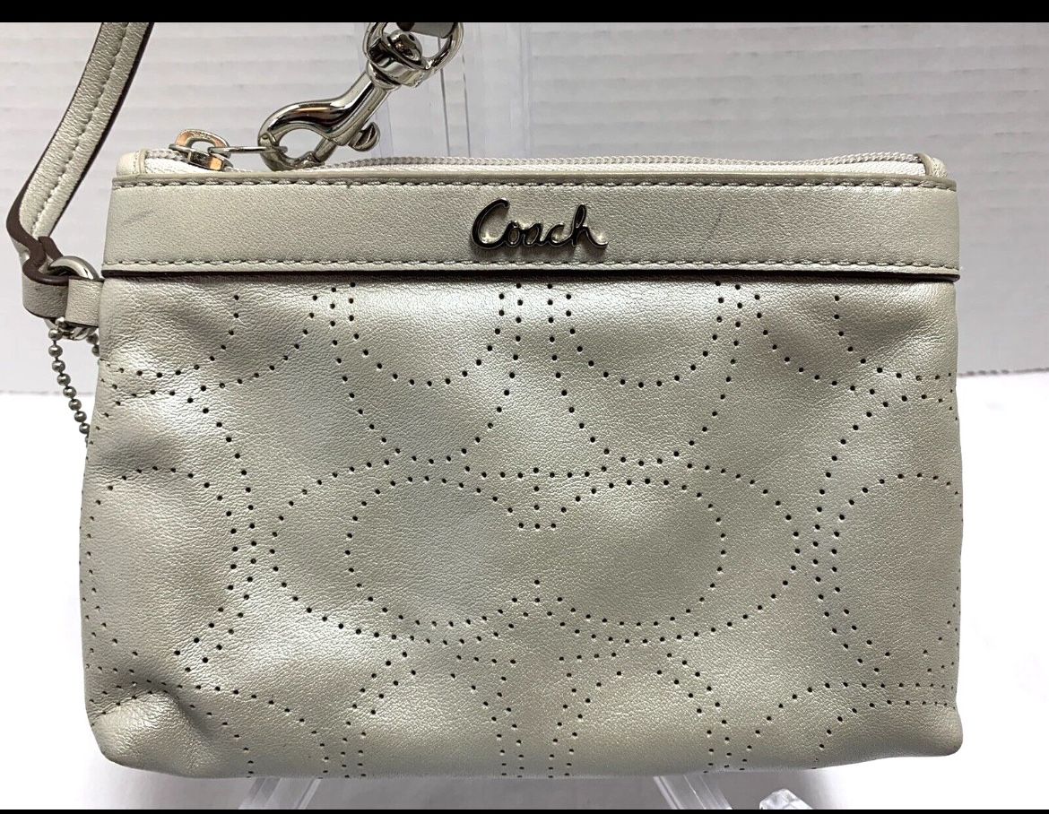 Coach Perforated Signature Logo Leather Silver Wristlet Bag Purse Clutch