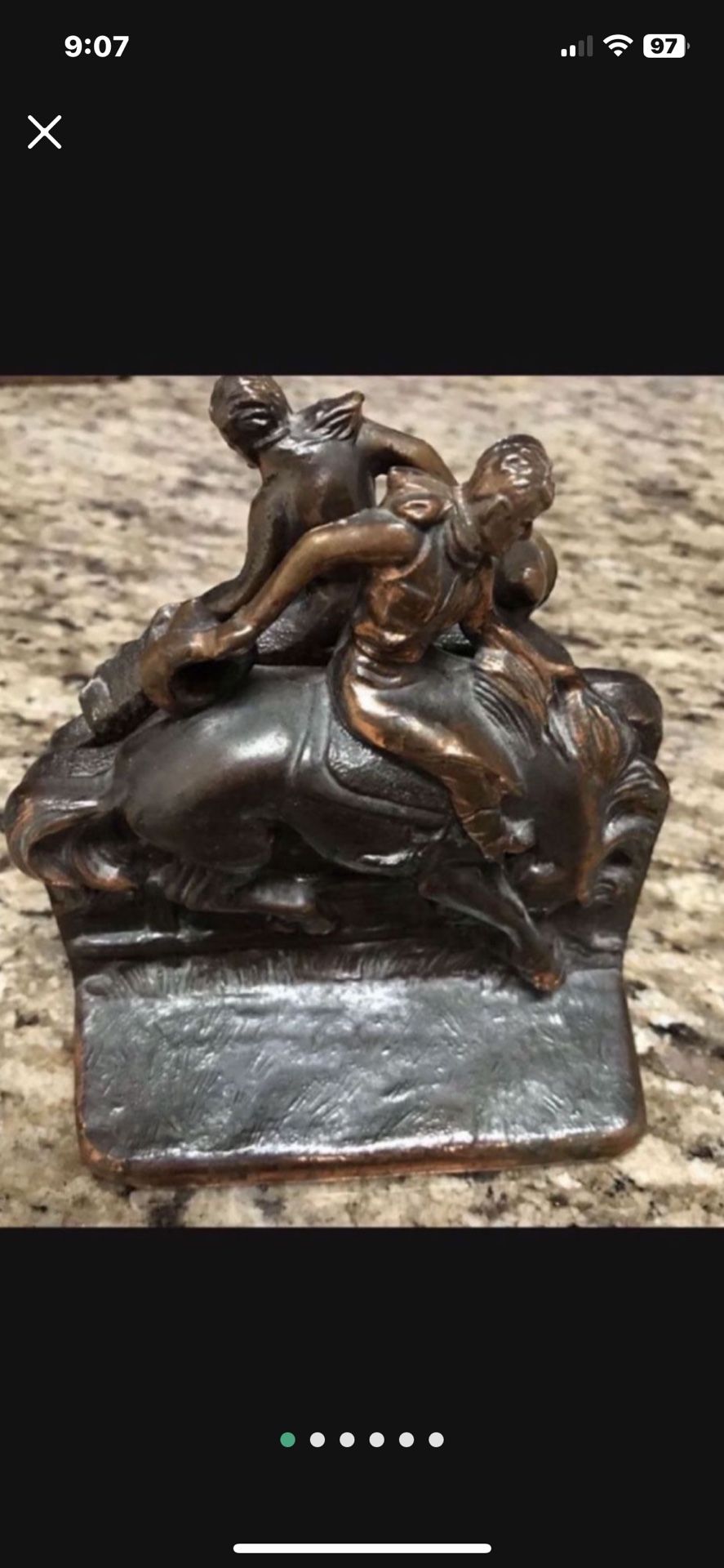 ANTIQUE AMERICAN COWBOY ON HORSE RODEO ART STATUE SCULPTURE DODGE METAL BOOKENDS