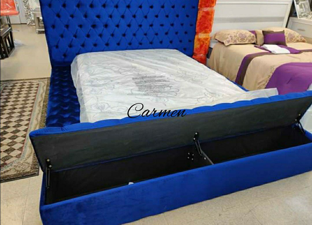 NEW IN BOX - Velvet Blue Queen Storage Platform Bed Frame  ✅ From Houston TX
