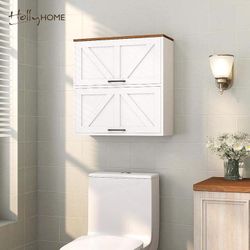 HollyHOME Bathroom Wall Cabinet, Farmhouse Barn Door Wood Medicine Cabinet with Adjustable Shelves, Wall-Mounted Over-The-Toilet Storage,White