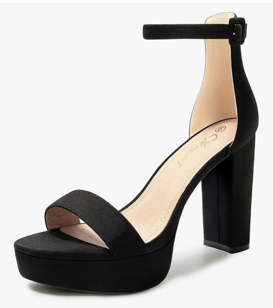 New Women's Platform Heels 4 Inches Open Toe Ankle Strap Chunky High heels Dress Pump Sandals Black Shoe Size 7.5