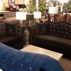 Brand New Black Velvet Modern Sofa + Loveseat 2PCs Set