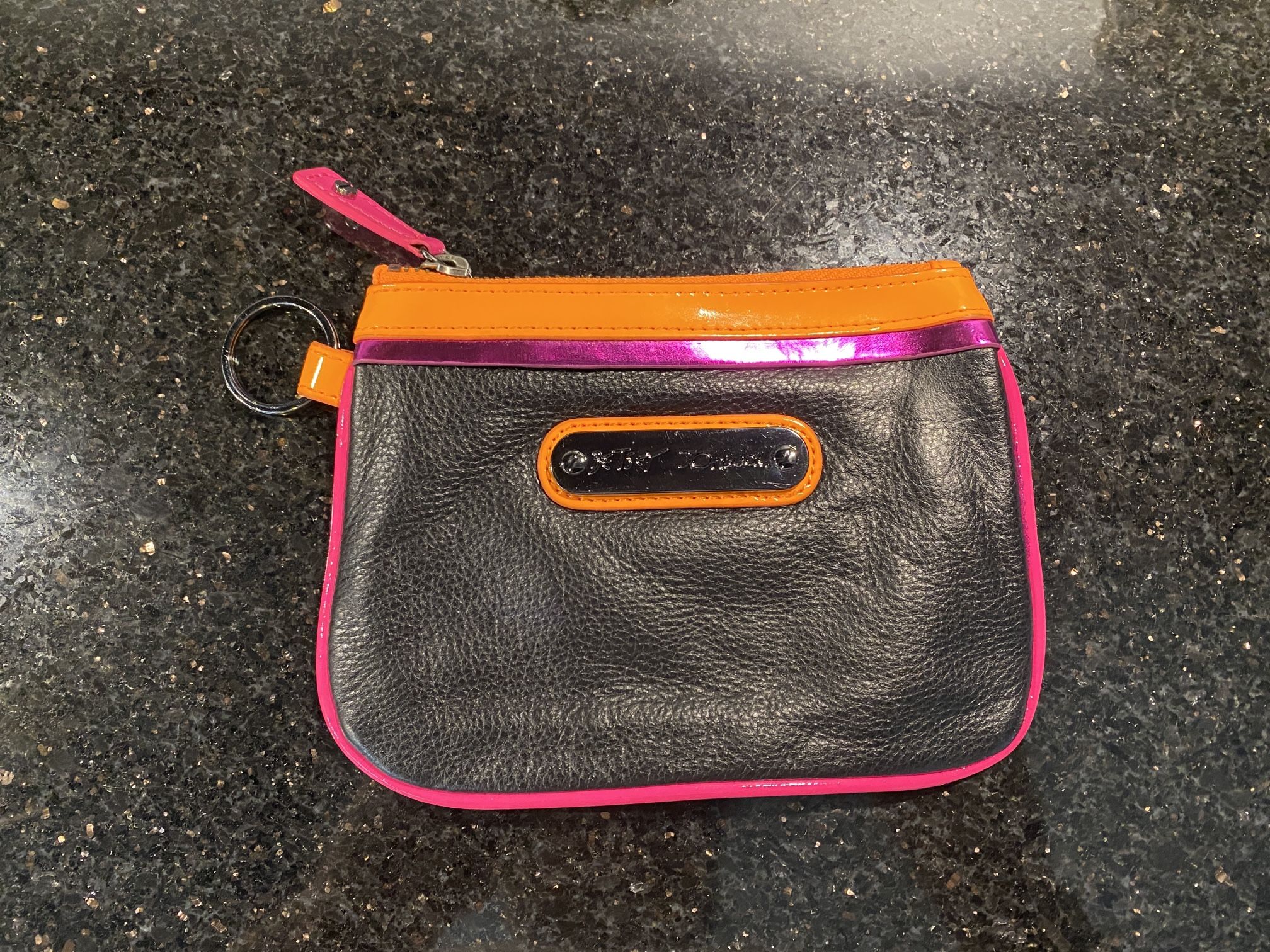 Rate Betsey Johnson Leather wristlet Black with Orange Magenta & Pink Trims 5x6”