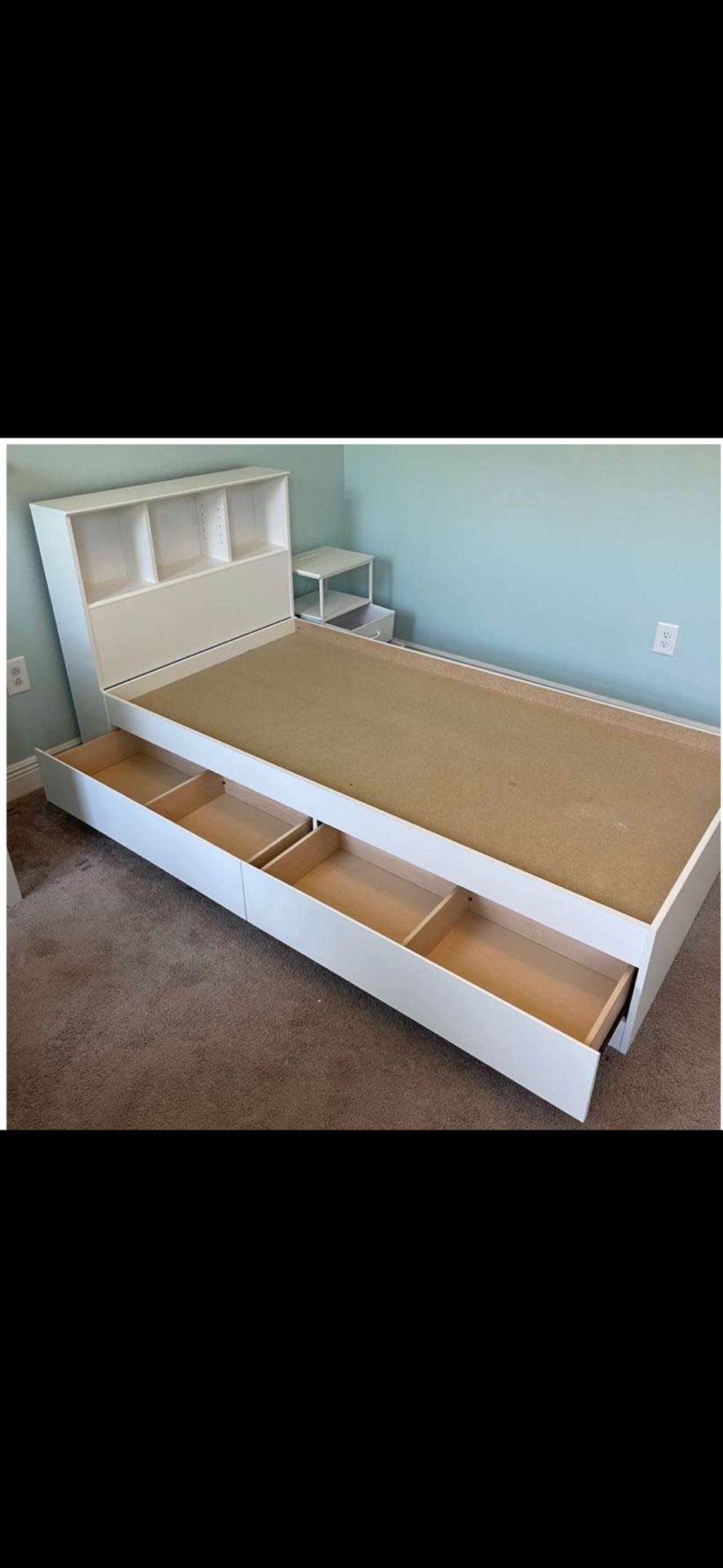 White Wood Twin Bed Frame with Bookcase Headboard & Side Drawers and Nightstand