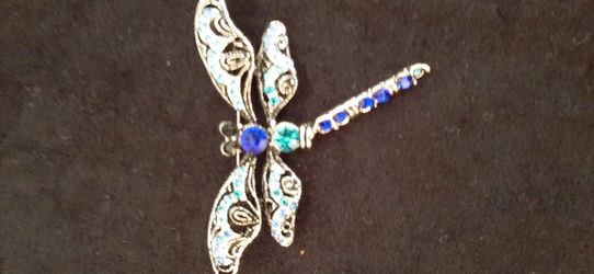 Silver tone dragonfly brooch.
Blue & Green stones
