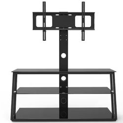 Black 3-Tier Storage Shelves Tempered Glass TV Stand Fits TV's up to 65 in. with Height Adjustable