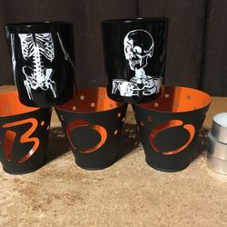 Black Glass Candle Holders With Skeleton And Hallmark Halloween Boo Metal Cutout Candles