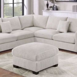 New White Or Gray 3pc Corduroy Sectional And Ottoman Sofa Couch 